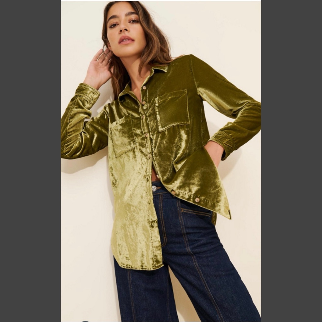 #1607 Anthropologie Pilcro Relaxed Velvet Green Button Down Top Large